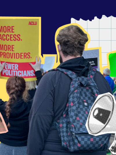 A collage with proesters, a fist, a megaphone, a yelling mouth, on a navy blue background