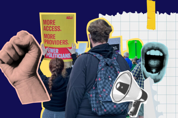 A collage with proesters, a fist, a megaphone, a yelling mouth, on a navy blue background