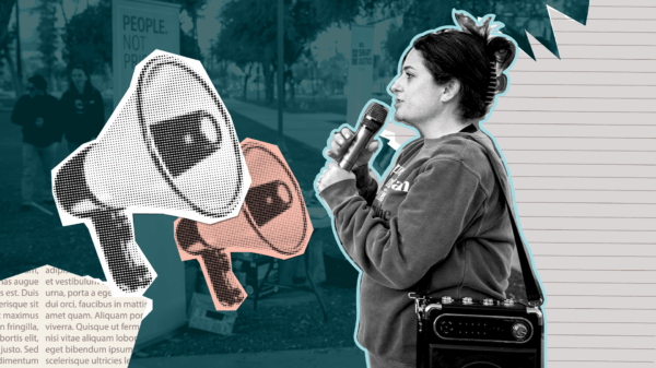 Collage of an organizer on a microphone, and two megaphones on a turquoise background