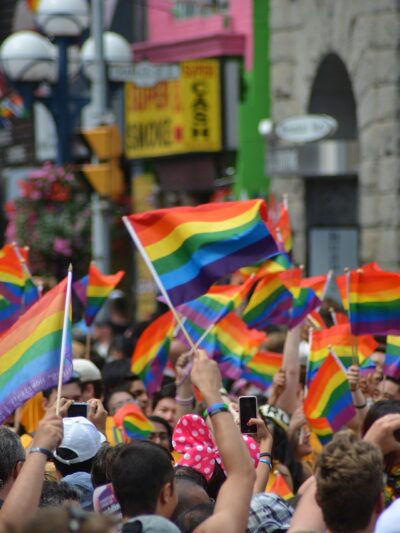 pride flags waving in the air