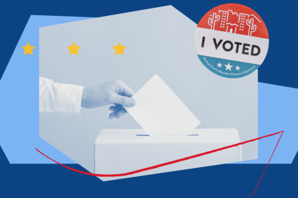 I voted sticker with a photo of a person putting a ballot in a box.