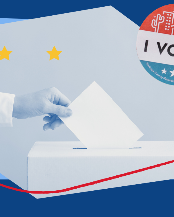 I voted sticker with a photo of a person putting a ballot in a box.