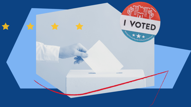 I voted sticker with a photo of a person putting a ballot in a box.