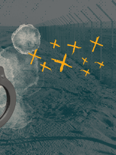 Image of a chain-link fence in the desert, with a collage of handcuffs and yellow "x's"