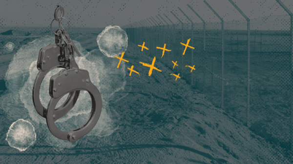 Image of a chain-link fence in the desert, with a collage of handcuffs and yellow "x's"