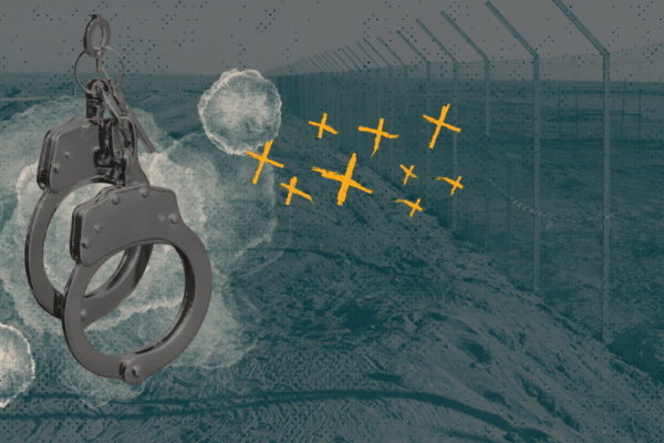 Image of a chain-link fence in the desert, with a collage of handcuffs and yellow "x's"