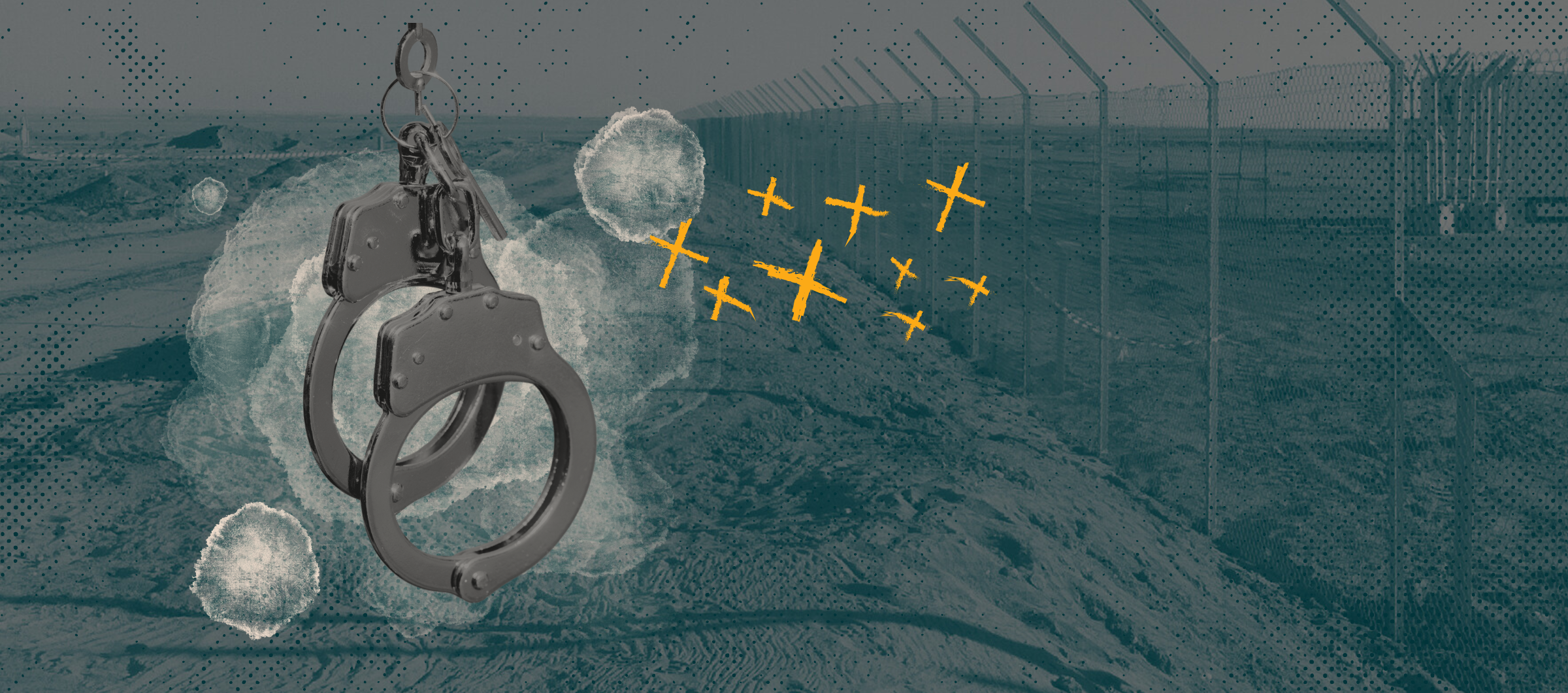 Image of a chain-link fence in the desert, with a collage of handcuffs and yellow "x's"