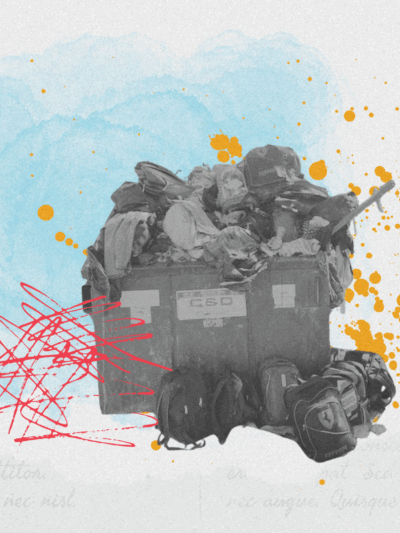 Collage of people's belongings in a dumpster in front of the U.S. border wall.