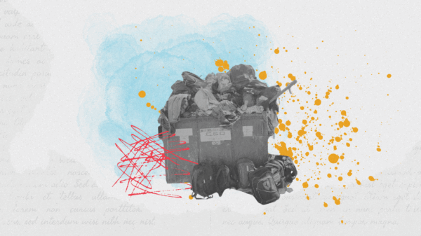 Collage of people's belongings in a dumpster in front of the U.S. border wall.