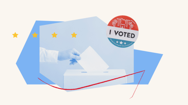 Collage on white background with an image of a hand inserting a ballot into a ballot box and an "I voted" sticker.
