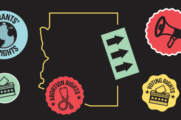 Black background with colorful stickers about voting rights and the Arizona state outline