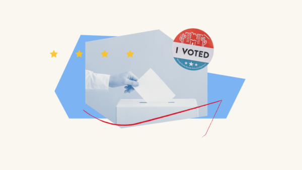 Collage on white background with an image of a hand inserting a ballot into a ballot box and an "I voted" sticker.