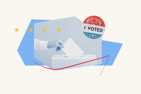 Collage on white background with an image of a hand inserting a ballot into a ballot box and an "I voted" sticker.
