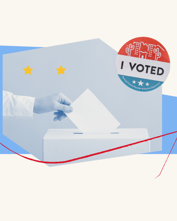 Collage on white background with an image of a hand inserting a ballot into a ballot box and an "I voted" sticker.