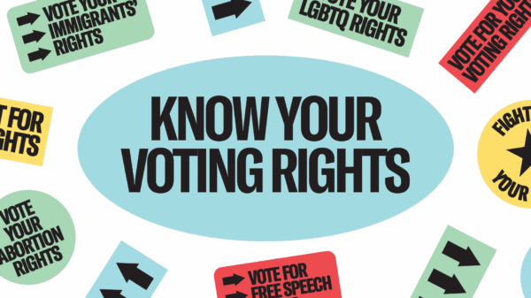 Black background with colorful stickers about voting rights
