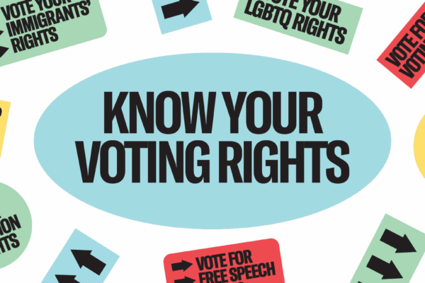 Black background with colorful stickers about voting rights