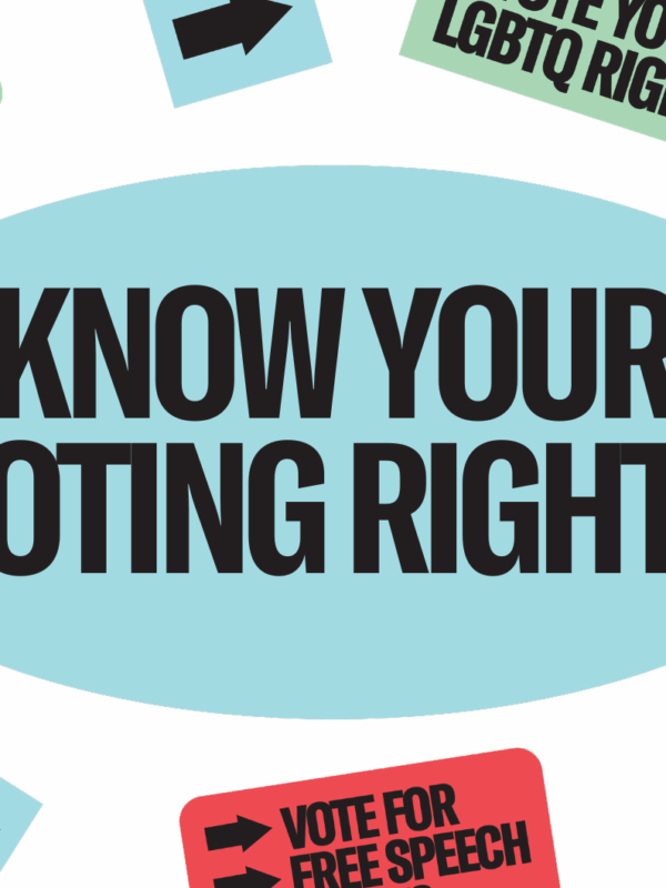 Black background with colorful stickers about voting rights