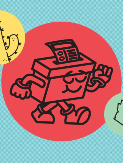 ballot box character on red circle, blue background.