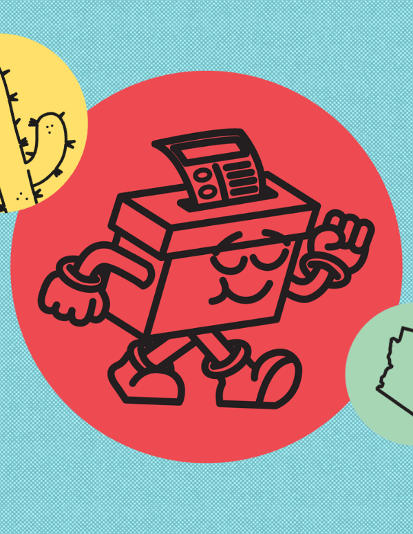 ballot box character on red circle, blue background.