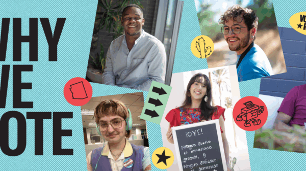 Graphic reads "Why We Vote," with a collage of photos with young people of color and stickers that represent voting rights.