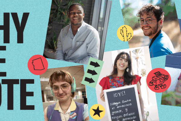 Graphic reads "Why We Vote," with a collage of photos with young people of color and stickers that represent voting rights.
