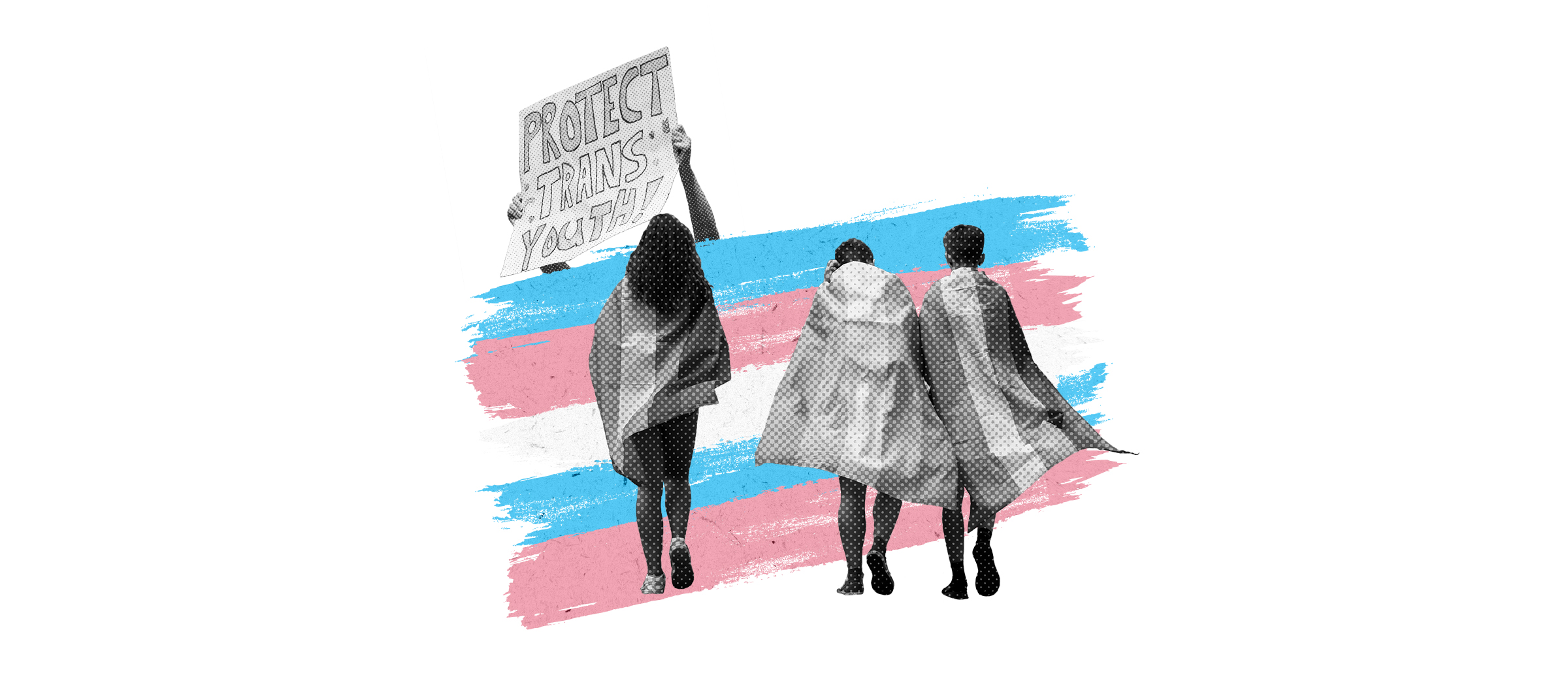 Two hands holding in front of a trans pride flag