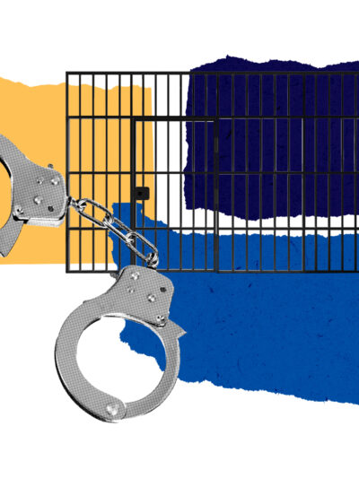 hand cuffs in front of a yellow and blue collage with prison bars behind it