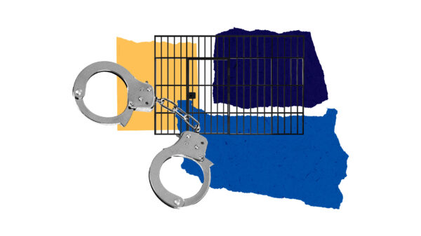 hand cuffs in front of a yellow and blue collage with prison bars behind it