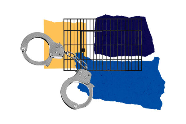 hand cuffs in front of a yellow and blue collage with prison bars behind it