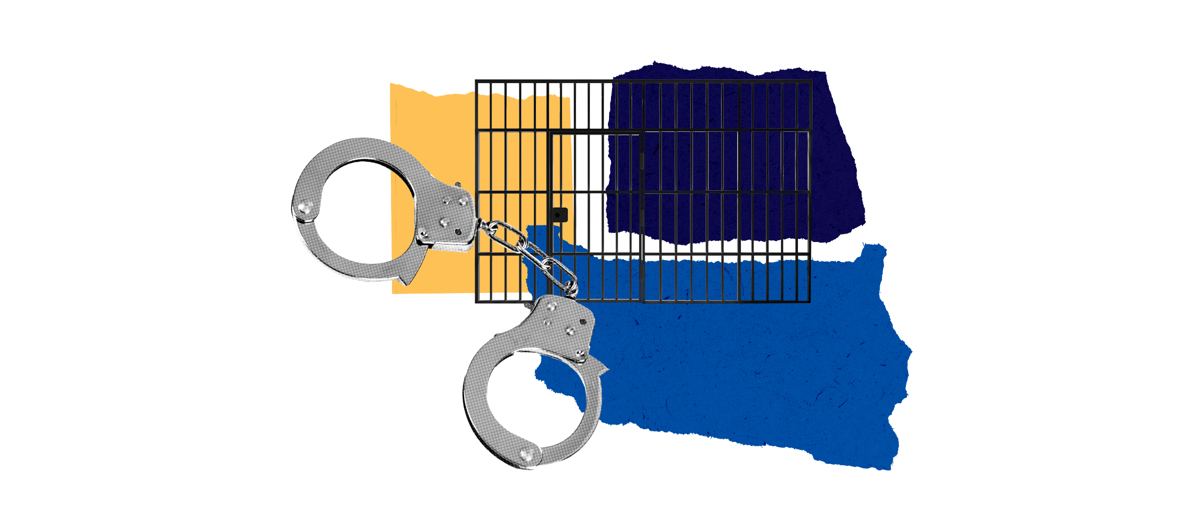 hand cuffs in front of a yellow and blue collage with prison bars behind it