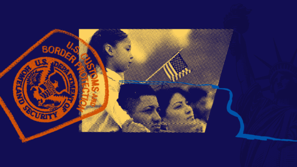 Blue background with border patrol badge, picture of family and shadow of statue of liberty