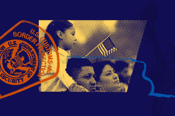 Blue background with border patrol badge, picture of family and shadow of statue of liberty