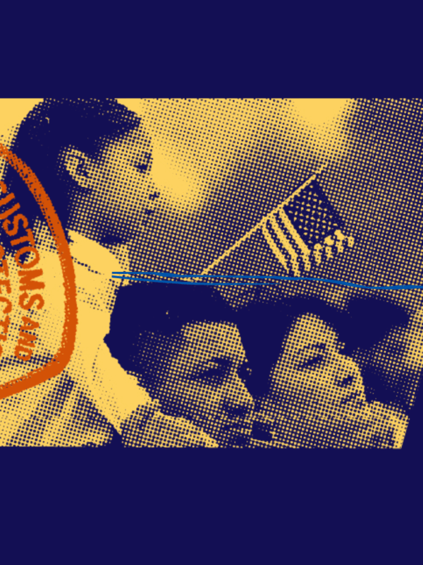 Blue background with border patrol badge, picture of family and shadow of statue of liberty
