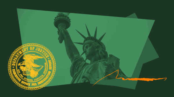 Green image of the Statue of Liberty with the US Immigration Court Seal