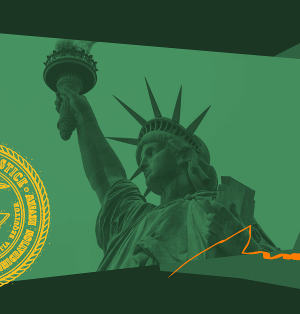Green image of the Statue of Liberty with the US Immigration Court Seal