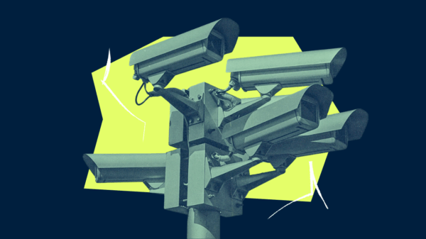 Surveillance cameras on a blue and green background.