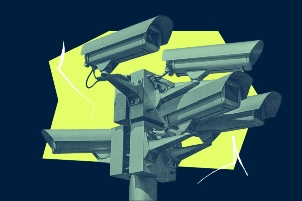 Surveillance cameras on a blue and green background.