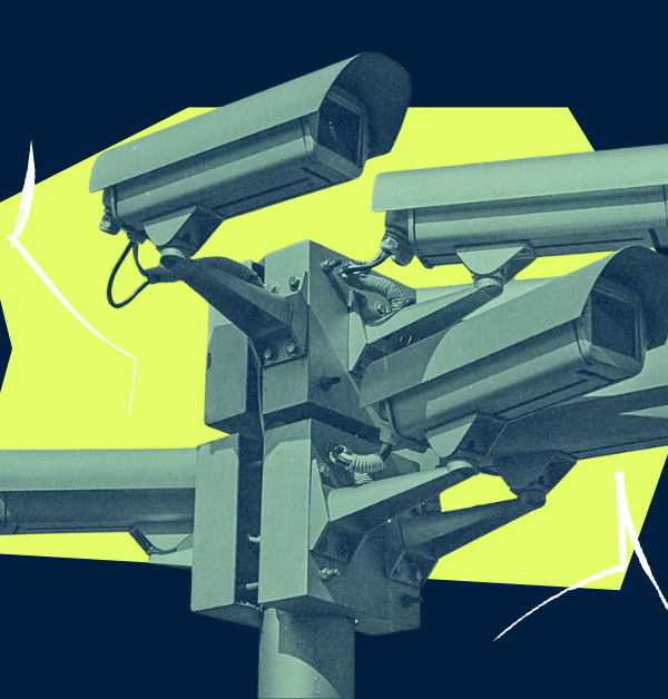 Surveillance cameras on a blue and green background.