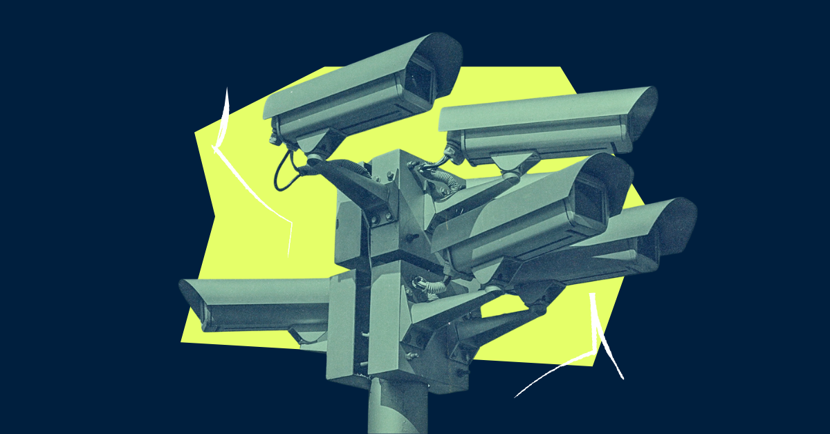 Surveillance cameras on a blue and green background.