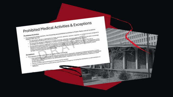 A draft of the ordinance and an image of the Phoenix City Council chamber in black and white with red graphic accents.