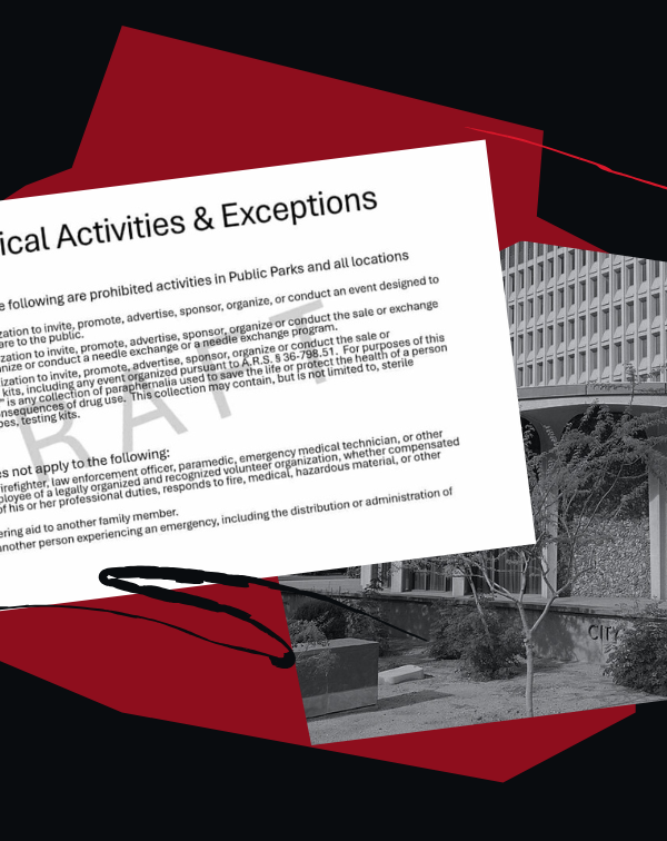 A draft of the ordinance and an image of the Phoenix City Council chamber in black and white with red graphic accents.