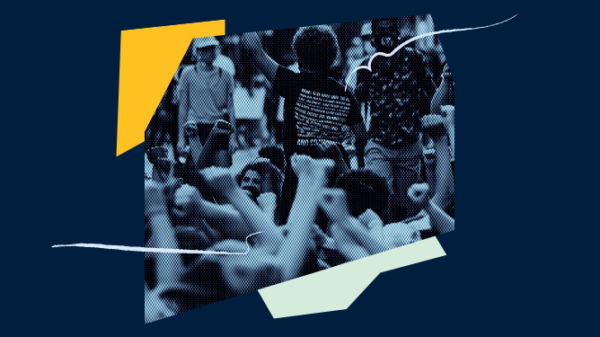 A collage with a photo of protesters on a blue background.