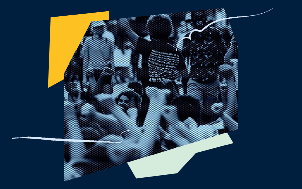 A collage with a photo of protesters on a blue background.