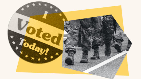 I voted sticker and image of troops walking in a line.