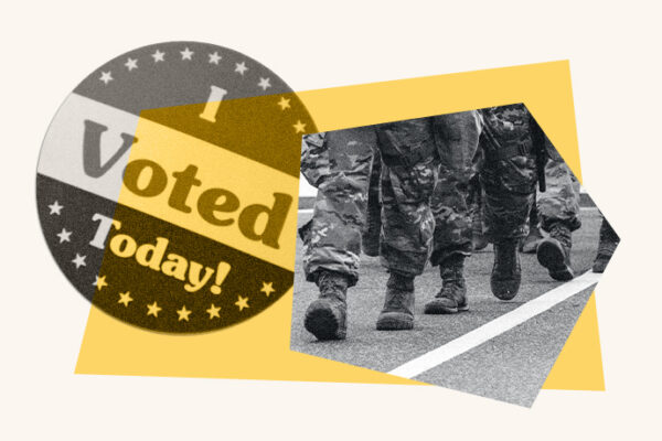 I voted sticker and image of troops walking in a line.