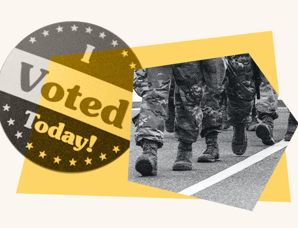 I voted sticker and image of troops walking in a line.