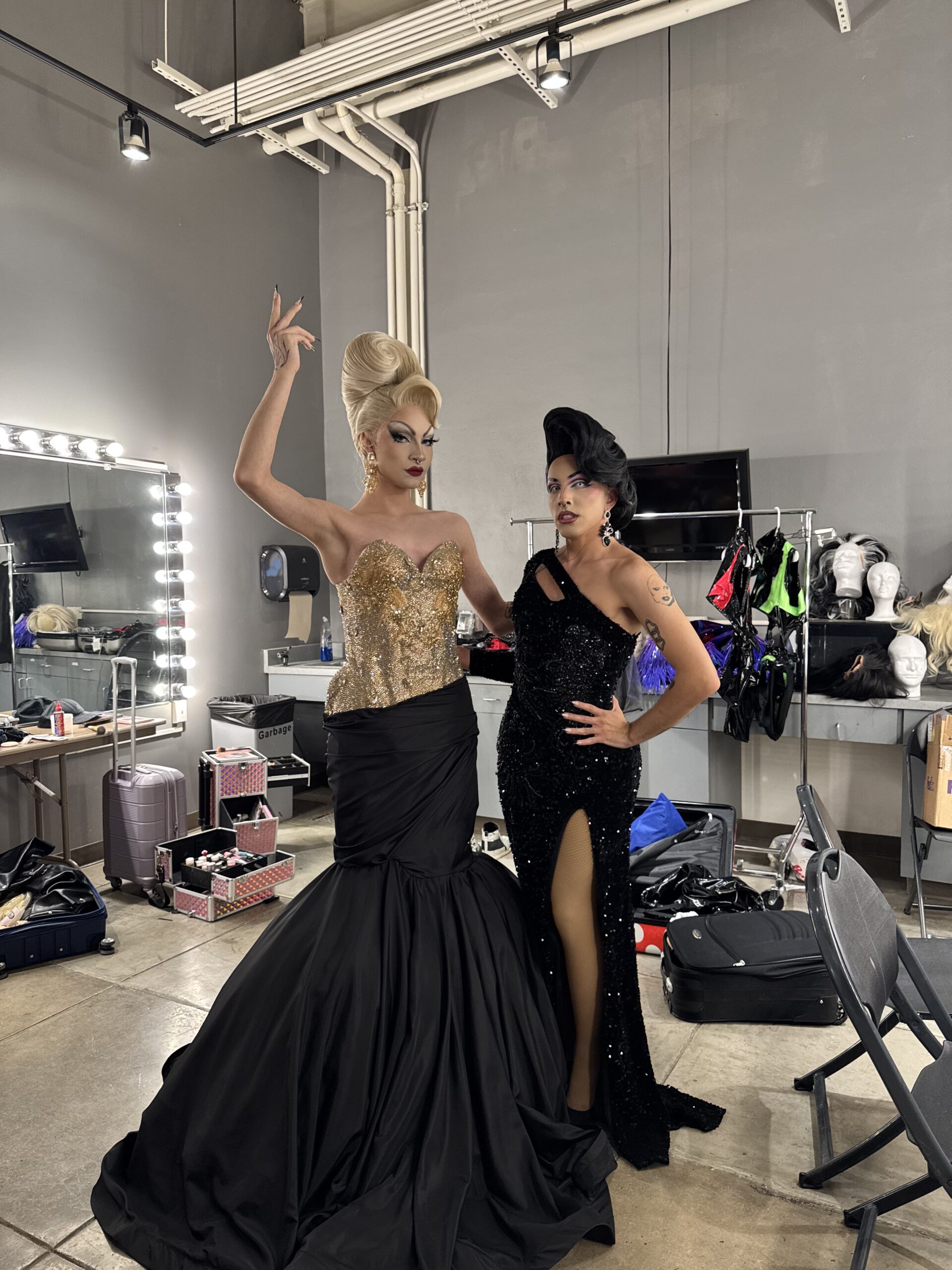 Poison and Inky Oshanns pose before performing at the Arizona Drag Tour at the Yuma Historic Theater.