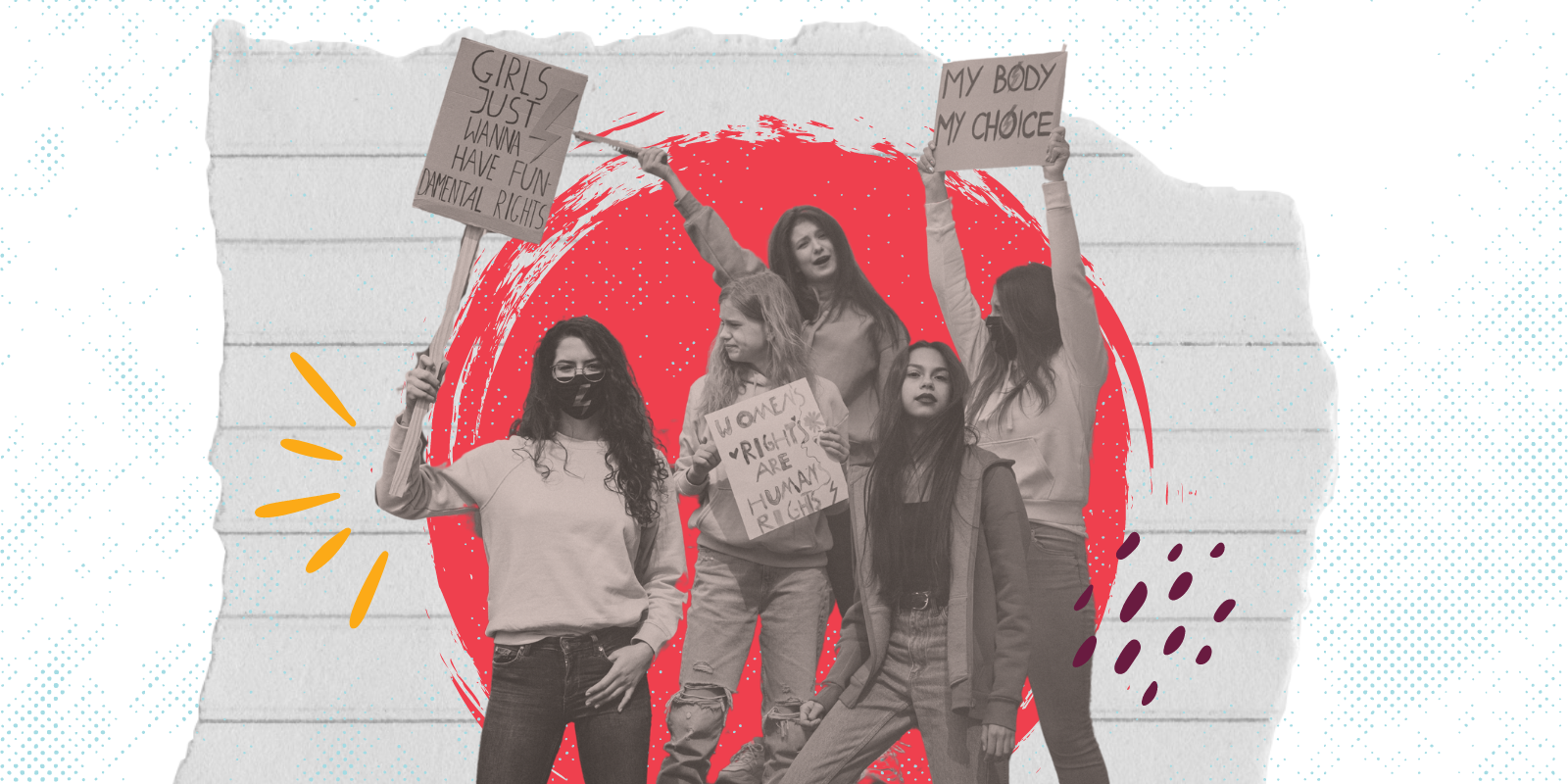 Collage of four young women holding protest signs about reproductive freedom