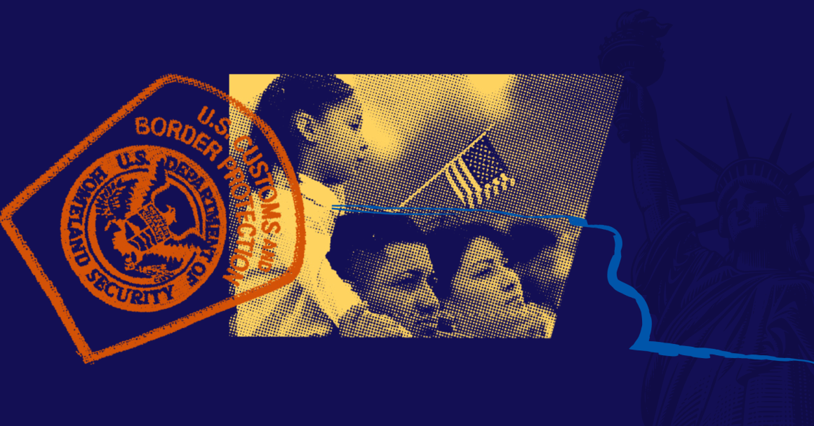 Blue background with border patrol badge, picture of family and shadow of statue of liberty