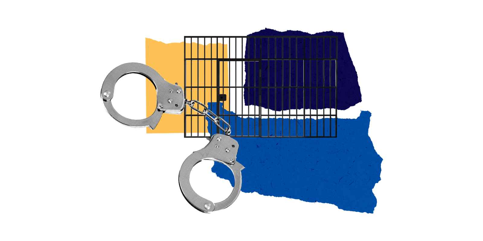 hand cuffs in front of a yellow and blue collage with prison bars behind it